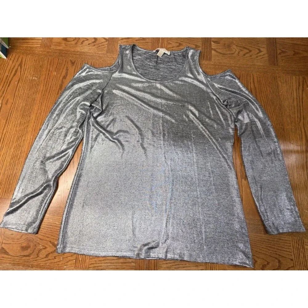 Michael Kors Women's Silver Metallic Off Shoulder Top Size XL Long Sleeve